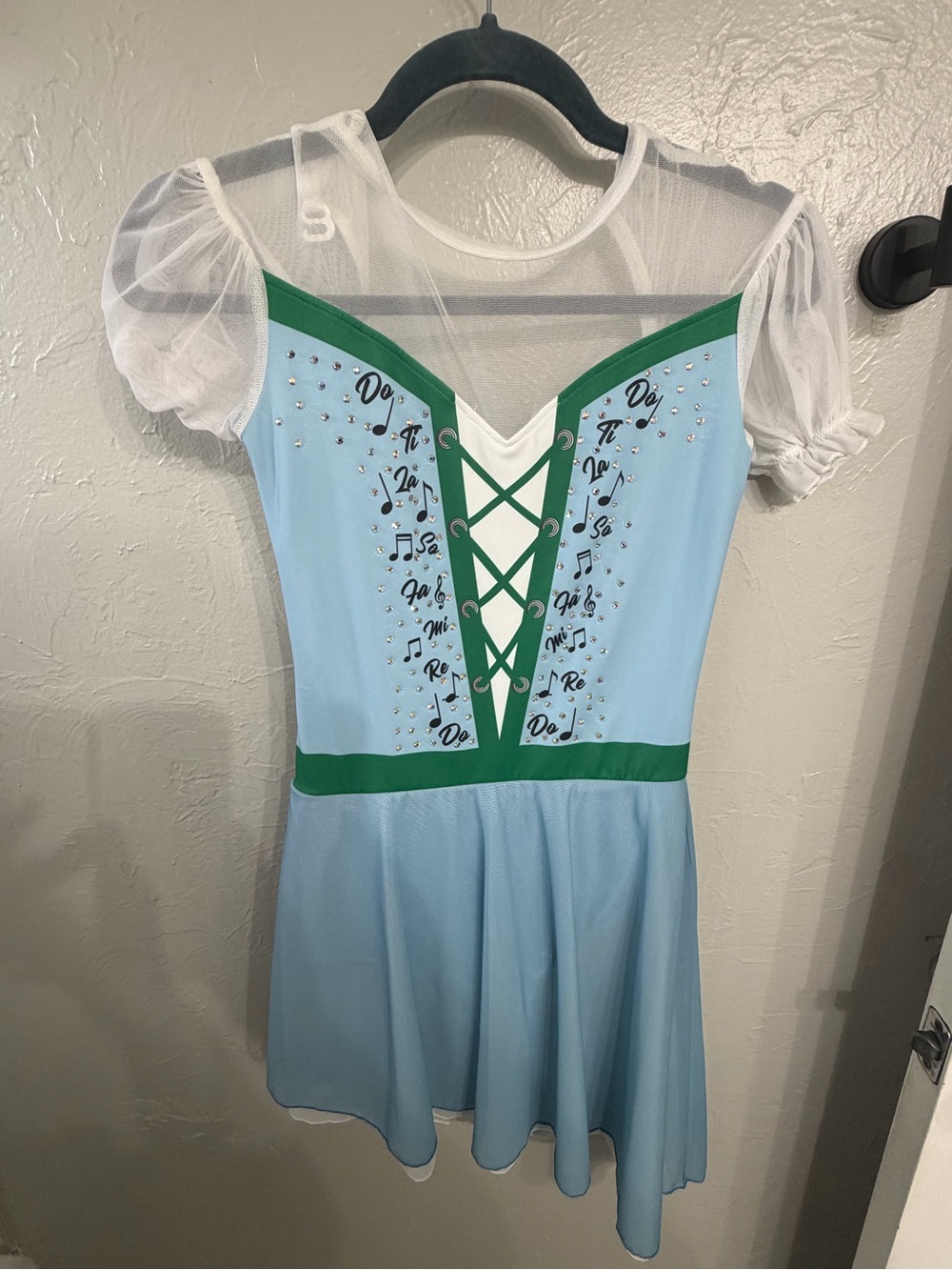 Light Blue & Green Girls Dance Dress with Sheer White Sleeves